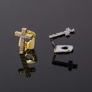 Cross teeth grills hip hop single grillz micro pave zircon copper tooth cap for men and women