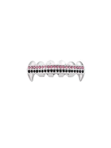 Silver hip hop vampire fangs grillz featuring sparkling pink and black rhinestones for party.