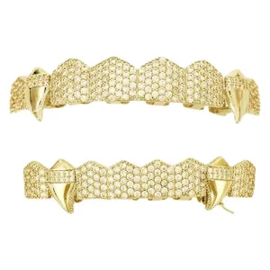 Halloween Vampire Fangs Grills Hip Hop Cz Pavé Teeth Caps Top Bottom Set Gold Plated