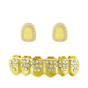 Gold hip hop grillz set with crystal rhinestones single and multi tooth grill jewelry pieces