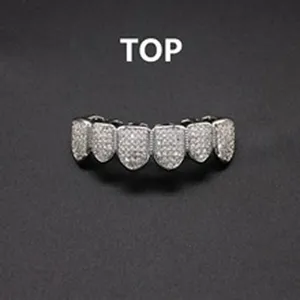 Detailed closeup of iced out hip hop grillz top teeth, micro pave zirconia grill.
