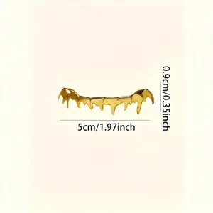 Detailed view of gold grillz teeth jewelry showing product dimensions for Halloween cosplay.