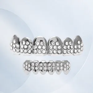Hip Hop Oro Argento Placcato Strass Grillz Vampiro Canini Denti Set Metallo Halloween Festa Finti Denti Gioielli