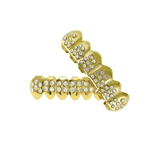 Gold Plated Hip Hop Teeth Grills Iced Out Rhinestone Vampire Fangs Grillz Set for Party