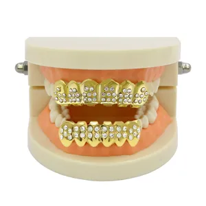18K Gold Plated Rhinestone Hip Hop Teeth Grills Bling Grillz Vampire Fangs Halloween Party