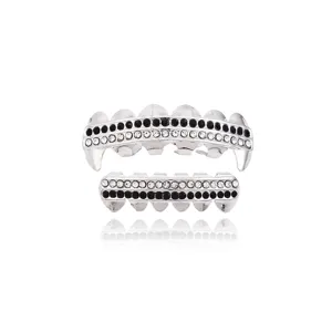 Hip hop silver grillz top and bottom teeth with black and white rhinestones for party fashion.