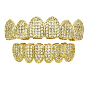 Hip hop gold grillz micro paved cubic zirconia teeth top and bottom grillz fashion jewelry