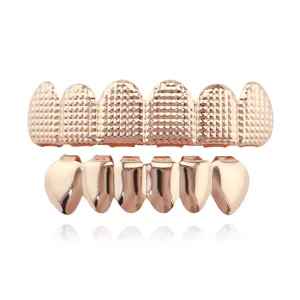 Rose gold hip hop grillz set, upper textured grid and lower smooth teeth caps for men and women.