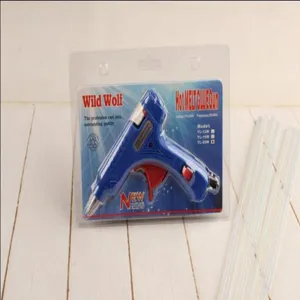 Hot melt glue gun with clear glue sticks, electric craft tool for DIY handmade projects.