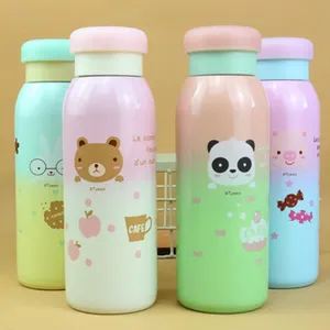 Candy color stainless steel insulated water bottle with cute cartoon animal print for kids.