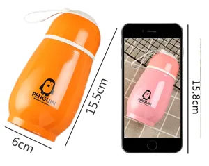 Detail view showing stainless steel penguin thermos cup dimensions, height and base size specs.