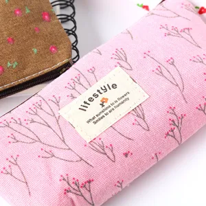 Pastoral floral canvas pencil pouch detail, cute pink stationery bag for school students.