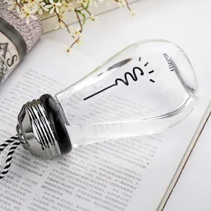 Creative light bulb shaped glass water cup with black cap and hanging rope, main view