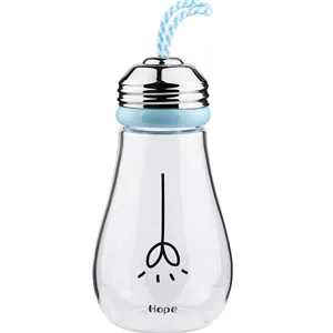 Creative light bulb shaped glass water bottle with portable rope, cute student drinking cup.