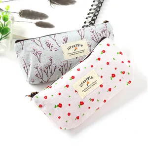 Cute canvas pencil case with floral pattern, portable zipper stationery bag for students school.