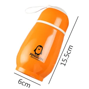 Orange penguin stainless steel insulated water flask with portable strap, 15.5cm children thermos.