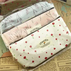 Canvas pencil pouch with floral pattern, vintage style stationery bag for students.