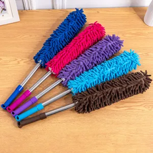 Telescopic microfiber duster with stainless steel handle, colorful chenille cleaning tool for home