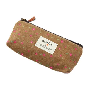 Canvas pencil case retro floral stationery bag cute school pouch portable makeup storage bag