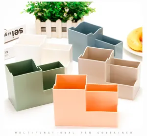 Detailed view of colorful multifunctional plastic pen holders for desktop storage.