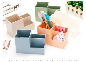 Multifunctional plastic desk organizer pen holder, double-tier stationery storage box for office.