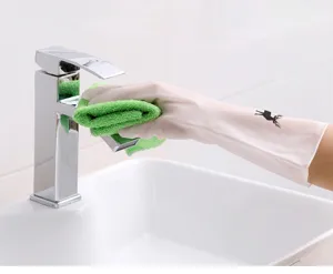 Transparent nitrile dishwashing gloves with cute deer pattern, durable for kitchen cleaning.