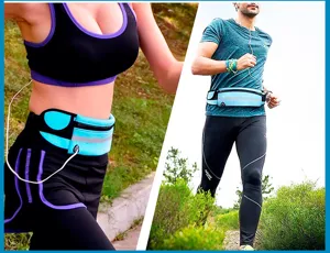 Vista dettagliata della cintura da corsa, marsupio elastico con banda riflettente per sport.