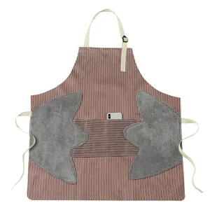 Japanese striped kitchen apron with absorbent coral fleece hand towels, pockets and adjustable straps.
