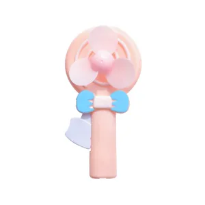 Cute pink handheld manual press fan with blue bow, portable mini plastic cooling fan for kids.