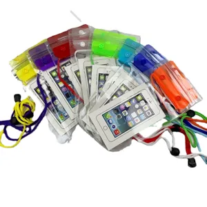 Colorful waterproof phone pouch bag with lanyard for swimming and outdoor beach activities.