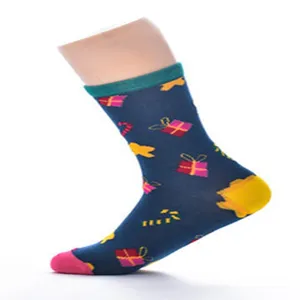 Womens Christmas mid tube socks featuring festive gift patterns and colorful cotton knit detail.