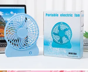 Portable USB electric fan details, compact blue desktop cooling fan with box for home office.