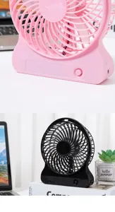 Desktop USB rechargeable fan, compact 3-speed plastic cooling fan for bedside office use.