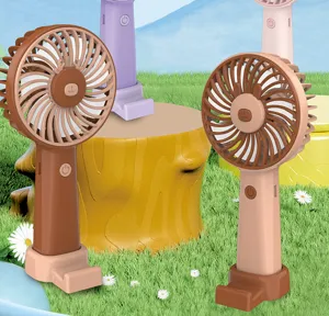 Cute handheld mini fan detail view, showing cute bear design and built-in phone stand base.
