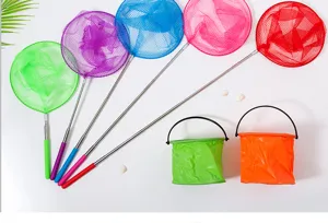 Portable telescopic catching nets and collapsible buckets set for outdoor activities.