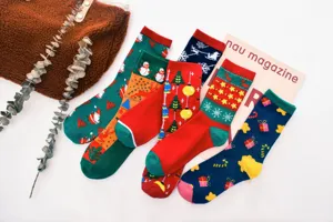 Christmas women mid-tube socks set, festive elk Santa tree patterns, soft warm cotton holiday hosiery.
