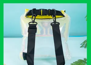 Detailed view of transparent inflatable waterproof dry bag backpack with black straps and buckles.
