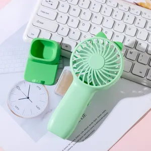 Mini handheld USB rechargeable fan with cute cat ear design and desktop stand base.