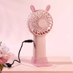 Pink cute bunny ear mini handheld usb desktop fan with charging dock for student office use