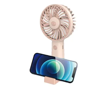 Mini handheld rechargeable desk fan with phone stand, 3-speed portable cooling fan in pink.