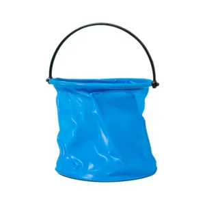 Portable collapsible blue bucket with black handle for outdoor fishing, painting, and camping use.