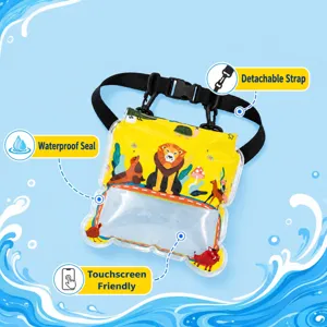 Transparent large airbag waterproof phone pouch with strap, cartoon animal design, dry bag float.