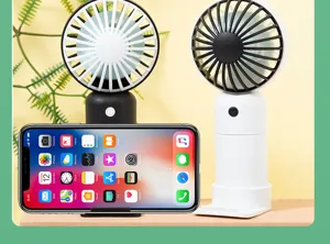 Mini ventilatore portatile ricaricabile USB con supporto da tavolo e porta telefono.