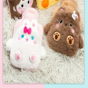 Cute cartoon plush hot water bag with removable fuzzy cover for winter hand warmer