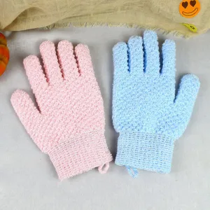 Gants de douche exfoliants double face en rose et bleu pour le nettoyage quotidien du corps.