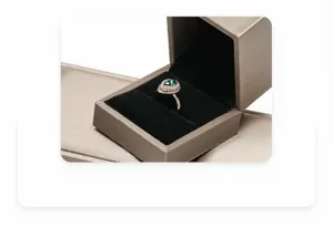 Premium brushed PU leather ring box open showing soft black velvet interior lining