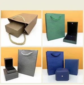 Detail showing high-end jewelry boxes and matching gift bags in multiple colors