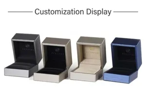 Detailed view of brushed PU leather ring boxes in four elegant colors with logo branding