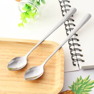 Stainless steel long handle stirring spoon for coffee, tea, and kitchen food, main view.