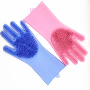 Silicone cleaning gloves detail shot showing textured bristle palm and convenient hanging hole.